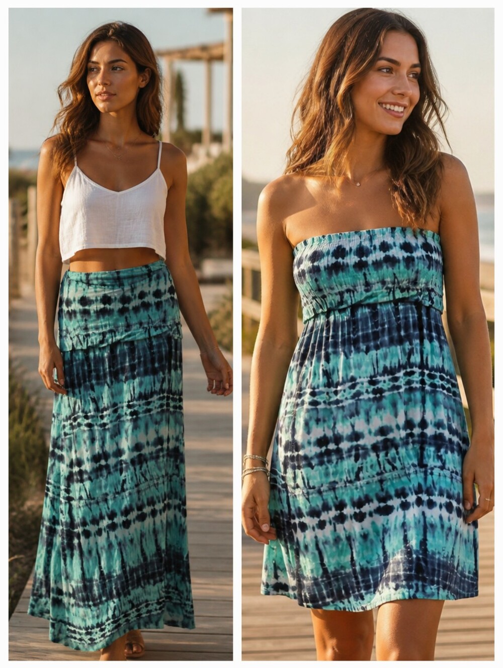 BKE Convertible Maxi Skirt Dress M Buckle Aqua Tie Dye Fold Over Boho Y2K Resort